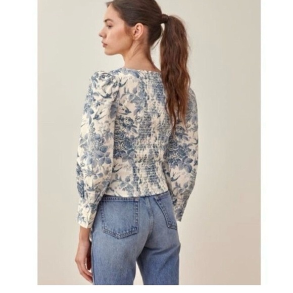 Reformation Stilton Linen top pompadour Blue White Floral Bird print New Size 8 - Picture 5 of 10
